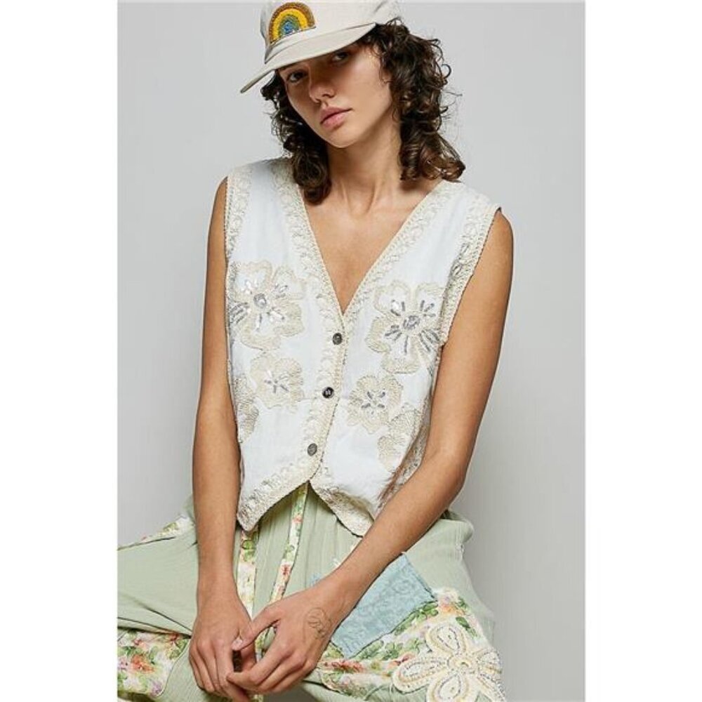 POL Embroidered Floral V-Neck Button Down Crochet Vest